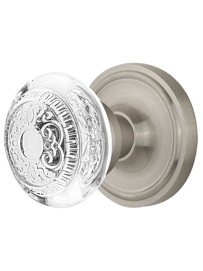 Classic Rosette Door Set with Egg and Dart Crystal-Glass Knobs in Satin Nickel.